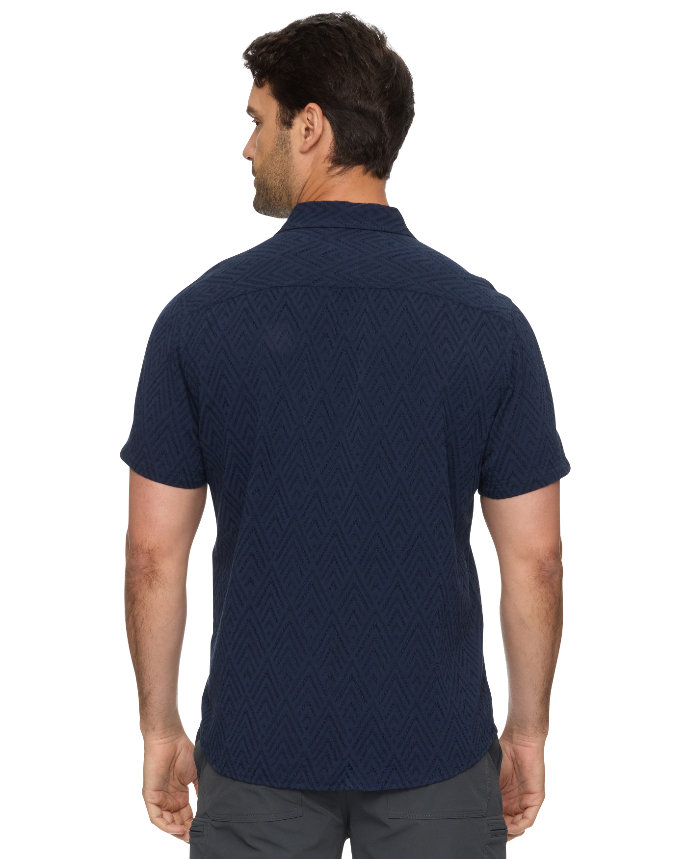 Faywood SS Textured Shirt in navy blue geometric jacquard pattern by FLAG & ANTHEM