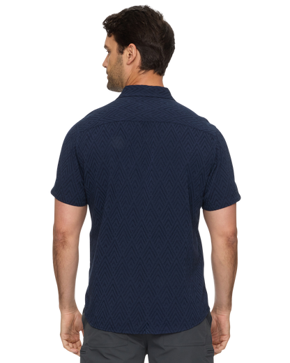 Faywood SS Textured Shirt in navy blue geometric jacquard pattern by FLAG & ANTHEM