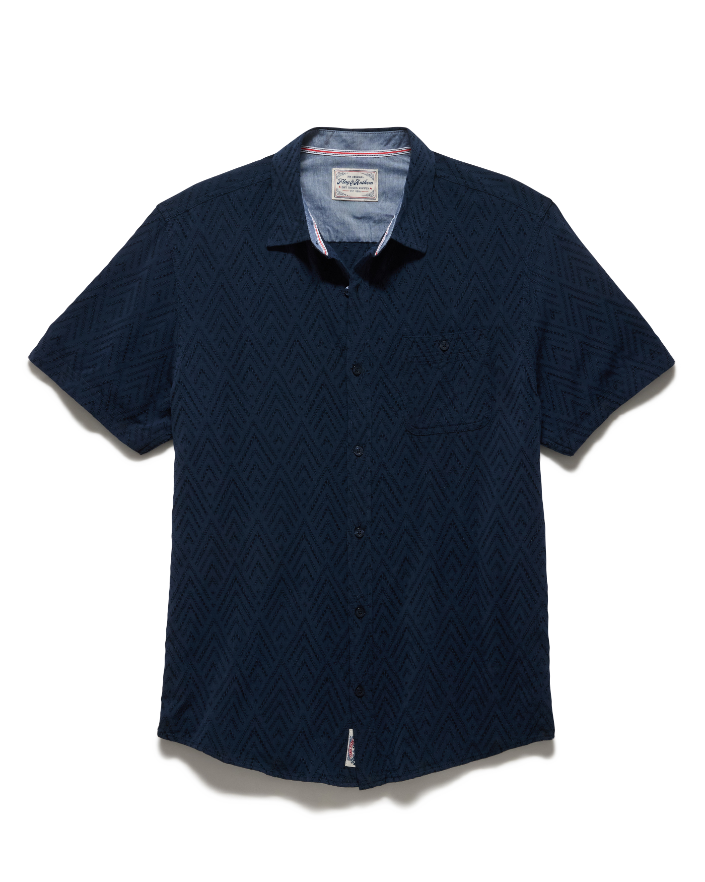 Faywood SS Textured Shirt in navy geometric jacquard, breathable cotton blend by FLAG & ANTHEM