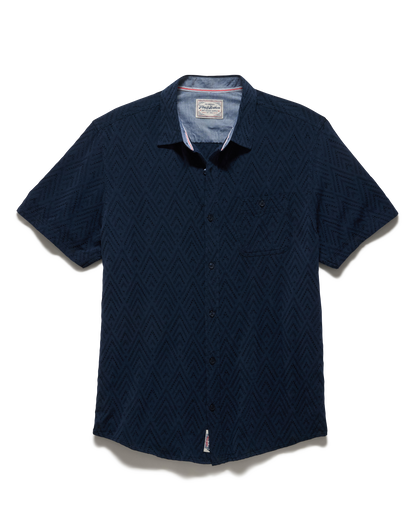 Faywood SS Textured Shirt in navy geometric jacquard, breathable cotton blend by FLAG & ANTHEM