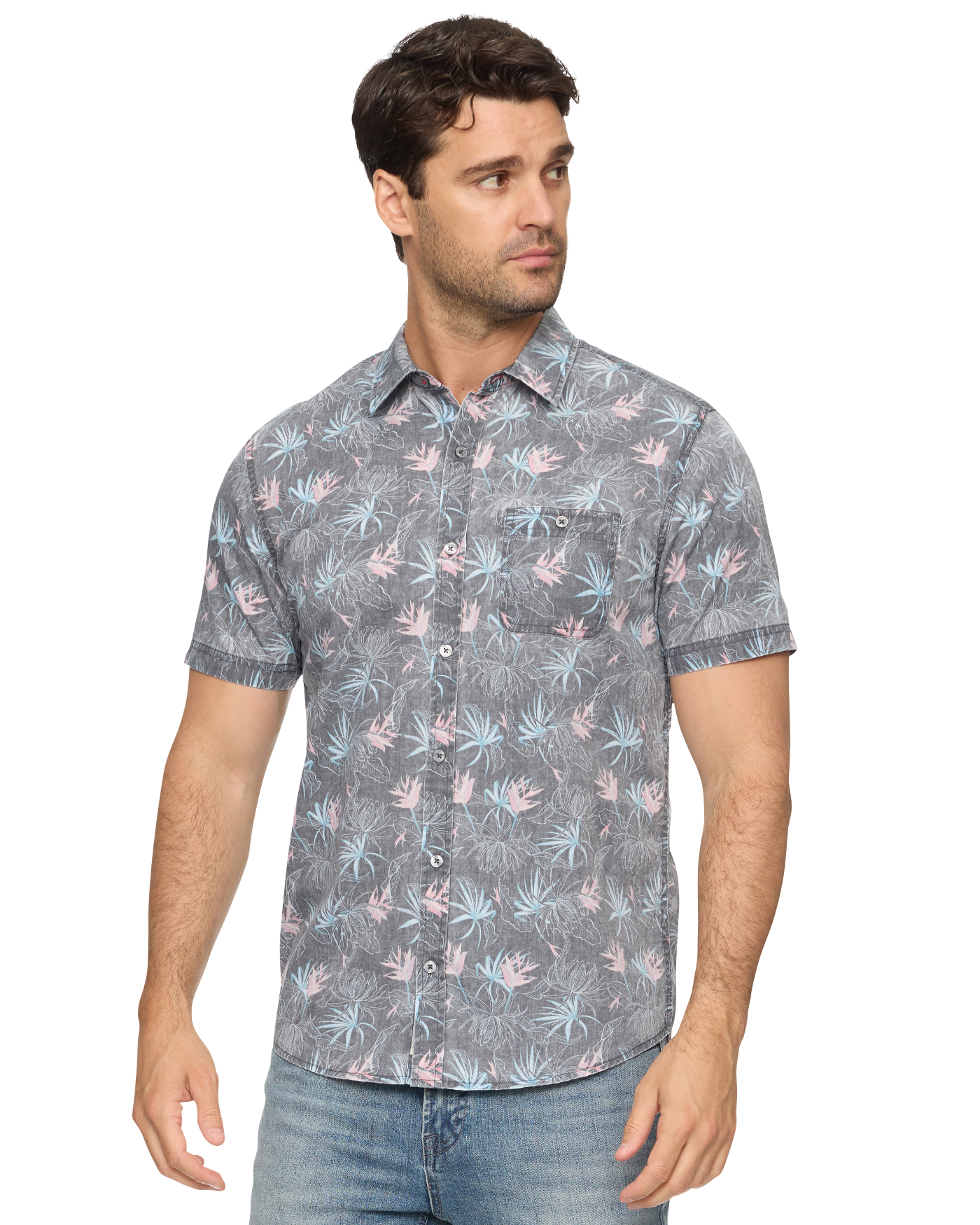 Glover SS Floral Vintage Soft Shirt in muted blue floral, stretch fabric, FLAG & ANTHEM curated
