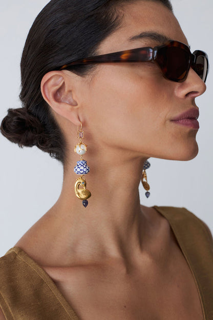 Delft Chandelier Earrings Multi with hand-painted porcelain, pearls, gold, peridot, and iolite stones