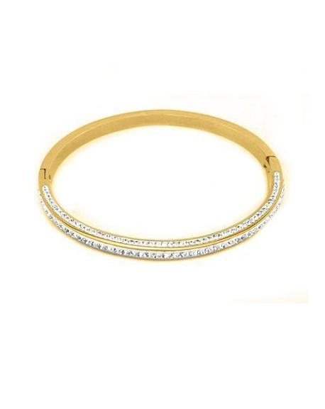 Steel Gold Pave Bangle featuring two rows of sparkling pavé stones on a sleek gold steel band, combining durable quality with effortless Hill Country style.