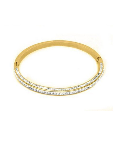 Steel Gold Pave Bangle featuring two rows of sparkling pavé stones on a sleek gold steel band, combining durable quality with effortless Hill Country style.