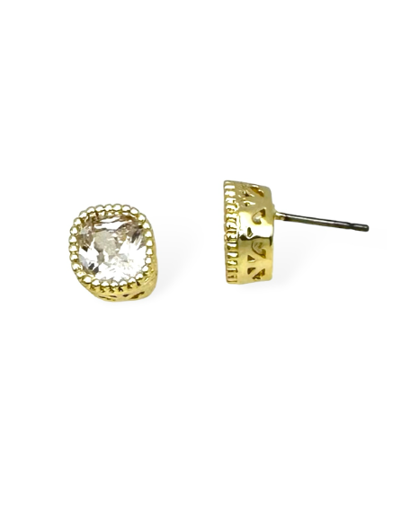 Gold square CZ stud earrings with clear stone on post back