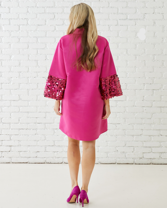 Keri Sparkle Dress Fuschia with sequin-embellished bell sleeves and tailored silhouette by CARYN LAWN