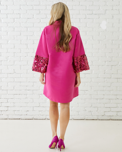 Keri Sparkle Dress Fuschia with sequin-embellished bell sleeves and tailored silhouette by CARYN LAWN