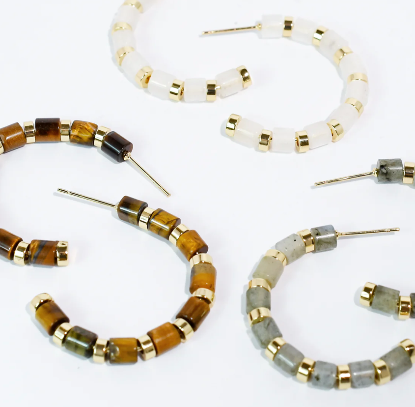 Luxe Hoop - Cream with beige geometric cube beads and gold accents by TREASURE JEWELS