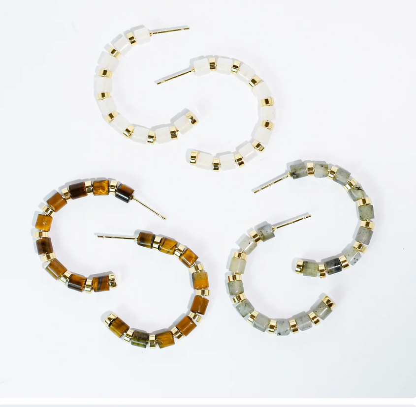 Luxe Hoop - Cream with hand strung beige and gold cube beads, women's jewelry by TREASURE JEWELS