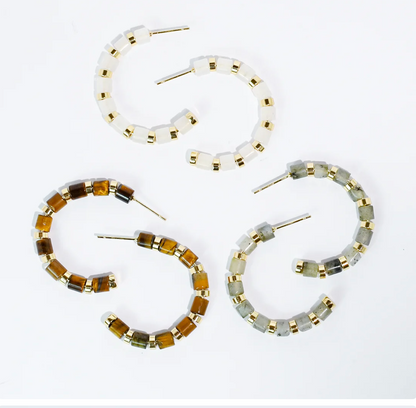 Luxe Hoop - Cream with hand strung beige and gold cube beads, women's jewelry by TREASURE JEWELS