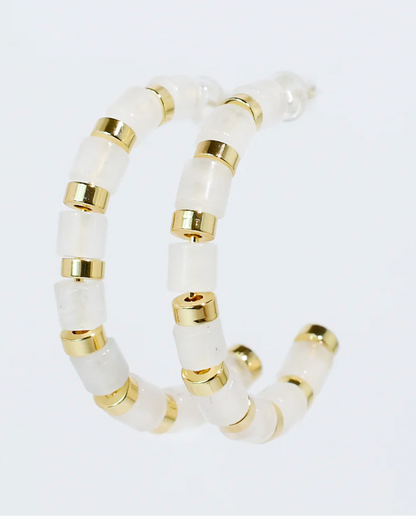 Luxe Hoop - Cream with hand-strung beige cube beads and gold spacers, Women's Jewelry TREASURE JEWELS