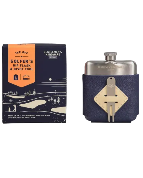 Golfer's Hip Flask & Divot Tool Set in blue faux leather and stainless steel, Gifts HCO by GENTLEMEN'S HARDWARE