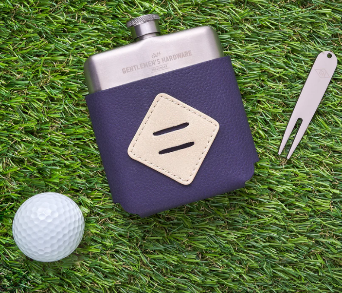 Golfer's Hip Flask & Divot Tool Set in blue faux leather and stainless steel, Gifts HCO by GENTLEMEN'S HARDWARE