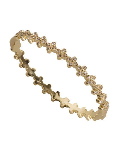 Gold CZ flower bangle with repeating round crystal blooms, gold-tone link bracelet
