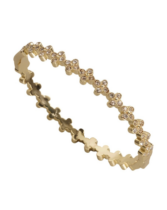 Gold CZ flower bangle with repeating round crystal blooms, gold-tone link bracelet