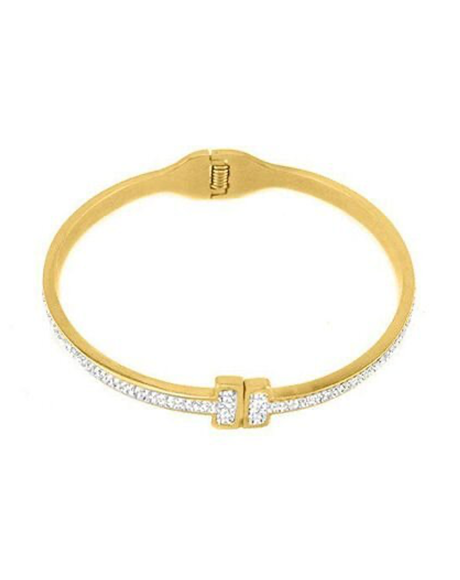 Gold steel T-bar pave bangle with sparkle pavé band and rectangular center bar