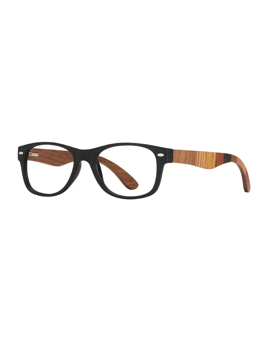 River eyeglasses, matte onyx black frame and multi-wood temple side view