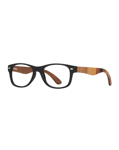 River eyeglasses, matte onyx black frame and multi-wood temple side view
