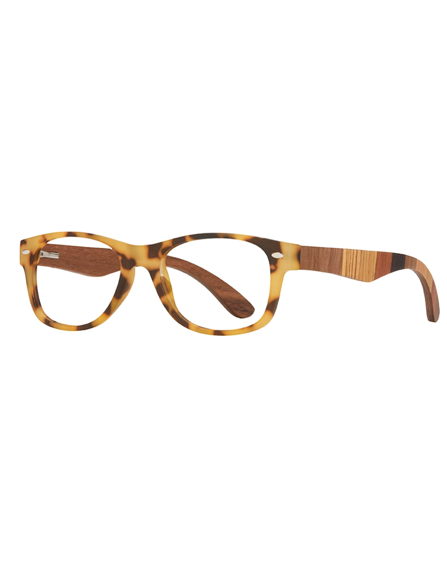River eyeglasses, matte tort frame and multi-wood temple side view