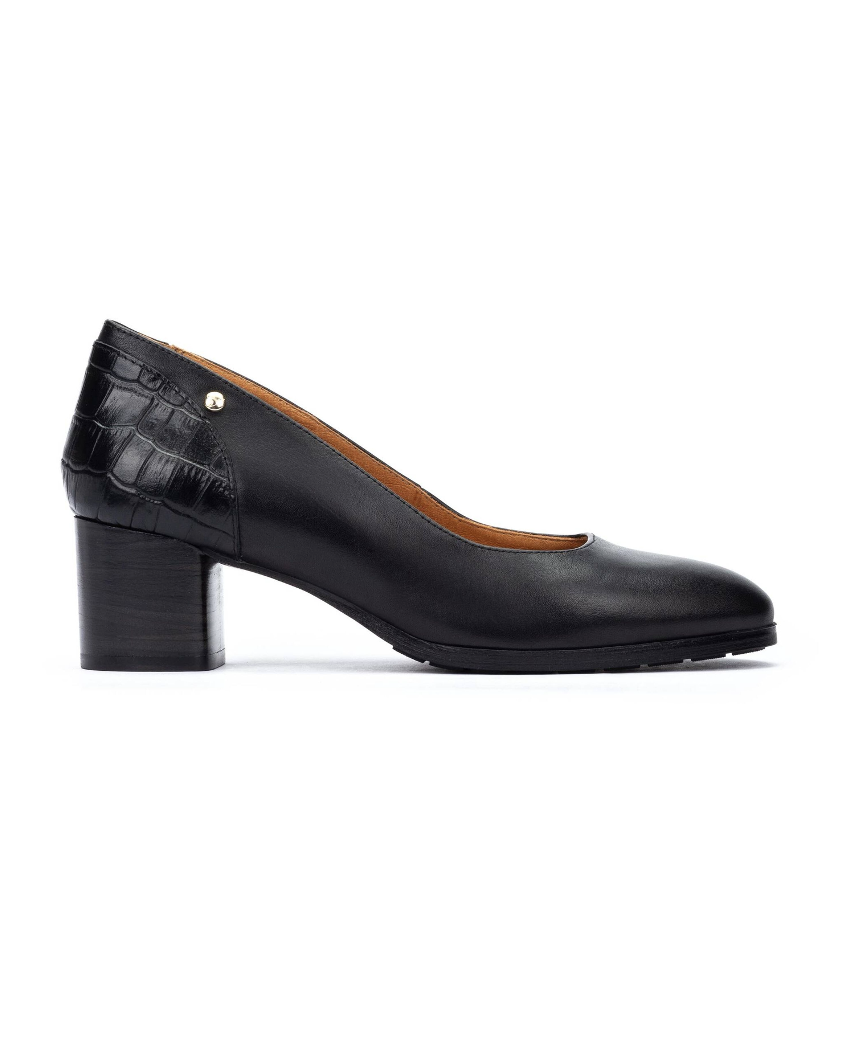 Calafat W1Z-5920C1 black leather heels with croc pattern block heel, PIKOLINOS Women's Shoes HCO
