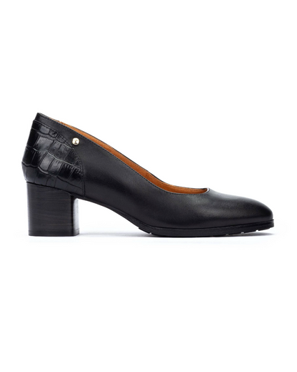 Calafat W1Z-5920C1 black leather heels with croc pattern block heel, PIKOLINOS Women's Shoes HCO