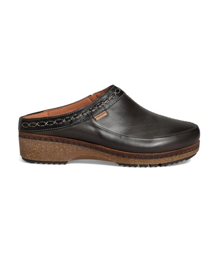 Granada W0W-3922C2 black leather clogs with stitched trim and cushioned cork sole by PIKOLINOS