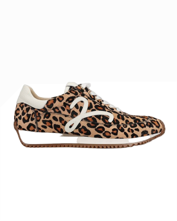 Queen - Camel Hairy Calf retro lace-up sneaker with leopard animal print and textured two-tone sole