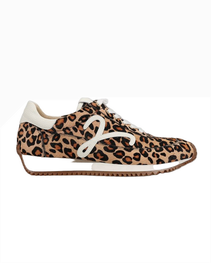 Queen - Camel Hairy Calf retro lace-up sneaker with leopard animal print and textured two-tone sole