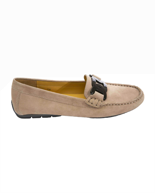 Aiker - Taupe suede moccasin with black chain detail and rubber sole, Women's Shoes at HCO Vaneli