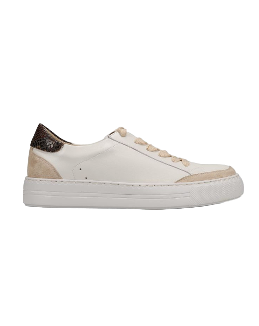 Ying - White mixed materials sneaker with beige suede accents and brown textured heel by VANELI