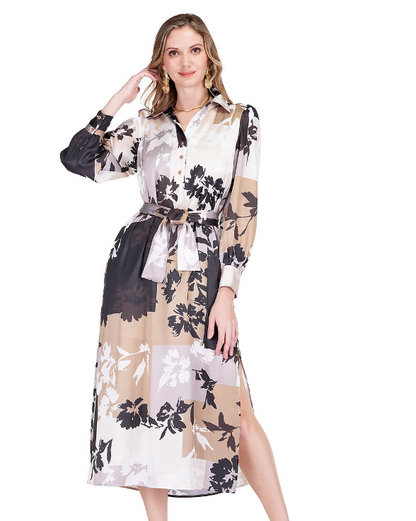 Split V-Neck Collar Maxi in floral poly satin with beige and black tones by JADE, Fredericksburg TX
