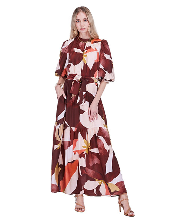Pleated Neck Maxi - Harvest Rhythm floral yellow multicolor viscose dress by JADE, curated in Fredericksburg