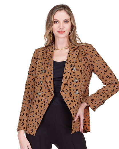 Winnie Blazer 27" in brown animal print poly twill, tailored women's jacket by JADE, HCO collection