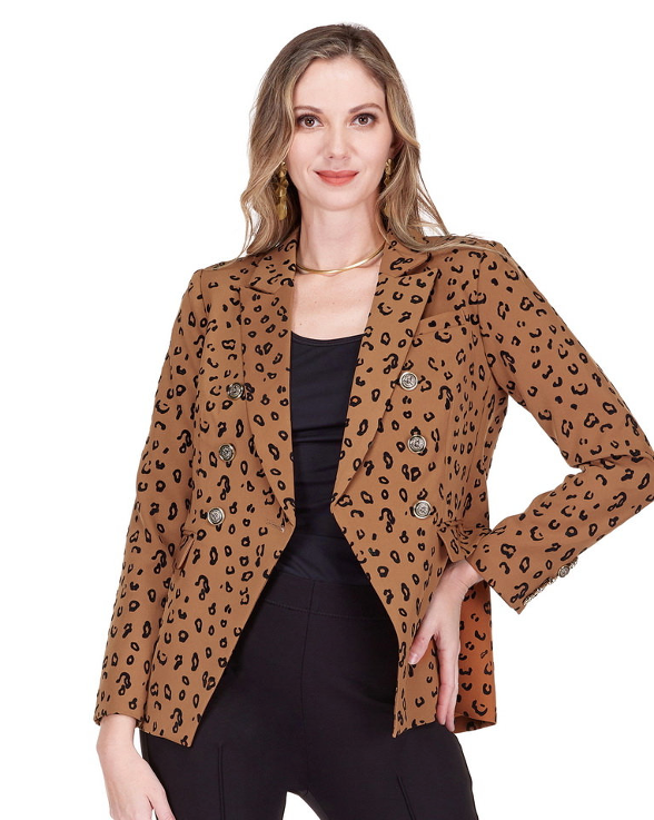 Winnie Blazer 27" in black animal print poly twill, structured women's jacket by JADE