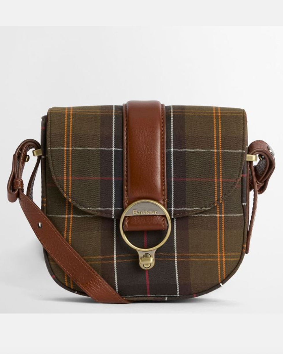 Elm Tartan Crossbody Bag with plaid cotton canvas, leather strap, and aged brass buckle by BARBOUR INC.