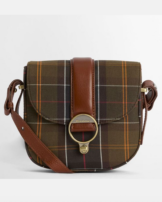 Elm Tartan Crossbody Bag with plaid cotton canvas, leather strap, and aged brass buckle by BARBOUR INC.