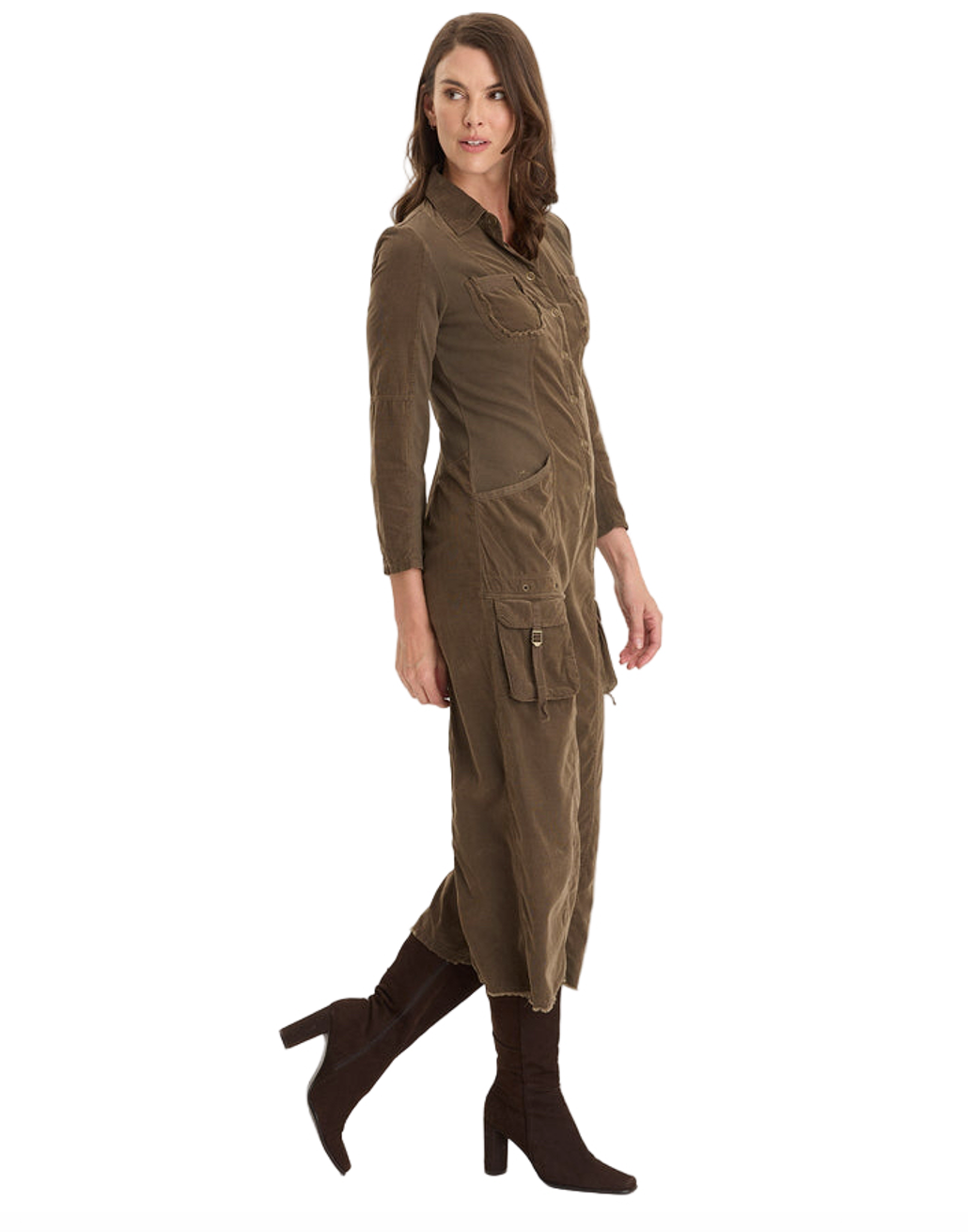 Kaisa Jumpsuit in brown corduroy with raw-edge details, stretch panels, and utility pockets by XCVI