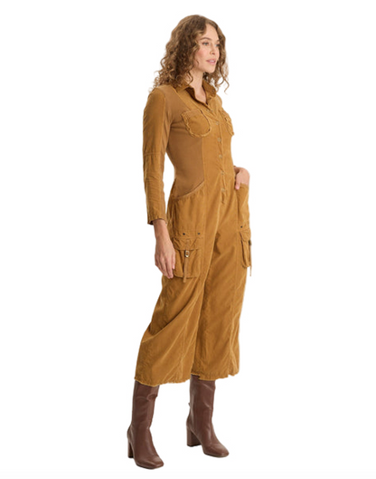 Kaisa Jumpsuit in brown and gold corduroy with utility pockets and stretch panels by XCVI