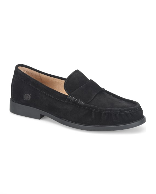 Maris black suede penny loafer with cushioned comfort by BORN, women's shoes at HCO Fredericksburg