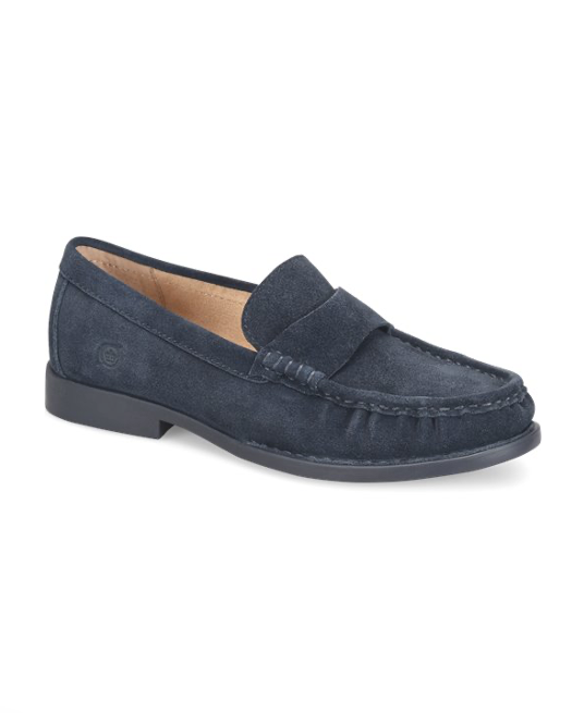 Maris penny loafer in navy suede with moc toe stitching by BORN, Women's Shoes at HCO