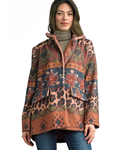 Printed Jacket with animal, floral, and geometric patterns in warm tones by TEMPO PARIS