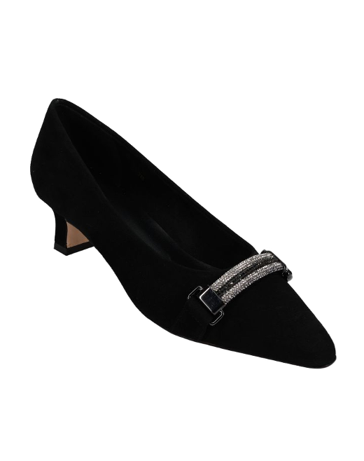 Torey - Black Suede pointed pump with two-tone diamanté strap and 1.5 inch heel by VANELI