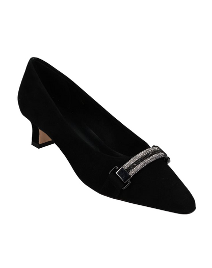 Torey - Black Suede pointed pump with two-tone diamanté strap and 1.5 inch heel by VANELI