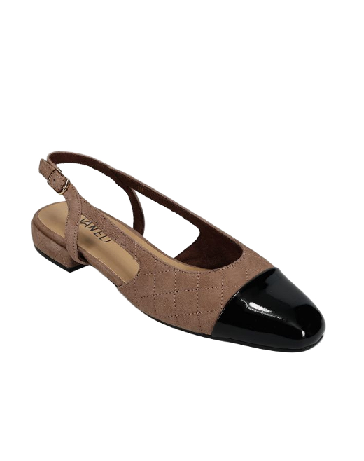 Trill - Military Suede quilted brown slingback with patent black toe, buckle, and block heel