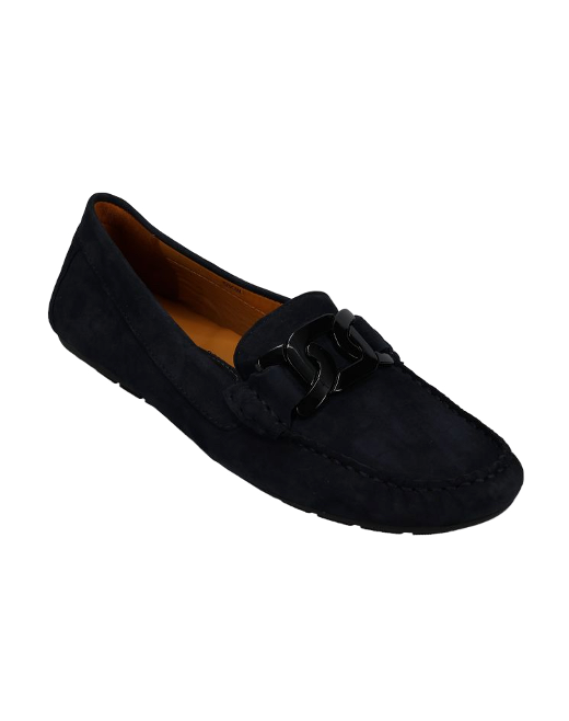 Aiker - Navy Suede ultra-soft glove leather moccasin with chain detail and rubber sole by VANELI