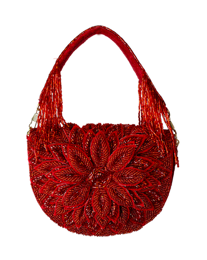 Ruby Dahlia Beaded Handbag with intricate red floral beadwork and fringe, Women's Purses, LA CHIC HCO