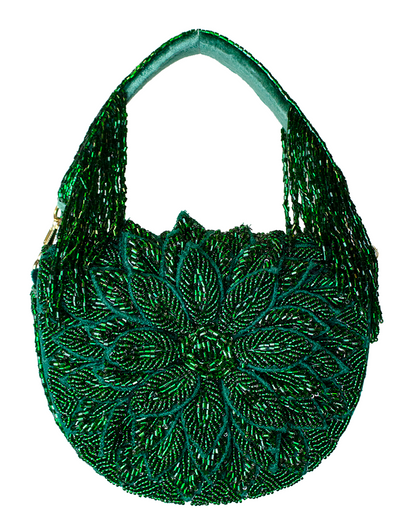 Emerald Dahlia Beaded Handbag with lush floral beadwork and fringe handle, Women's Purses, HCO LA CHIC