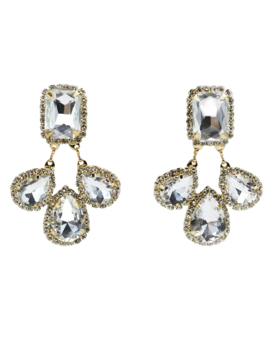 Gold Starlet Earring with cascading clear crystals and geometric rhinestones by TREASURE JEWELS