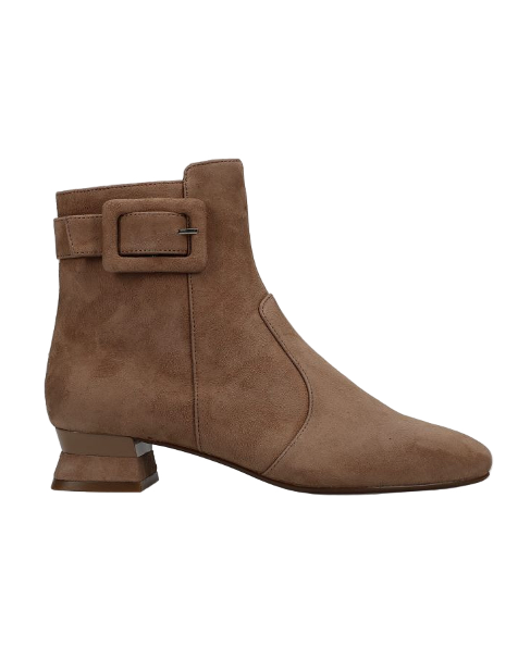 Pierot - Military Suede brown ankle boot with rounded square toe and buckled tab heel by VANELI