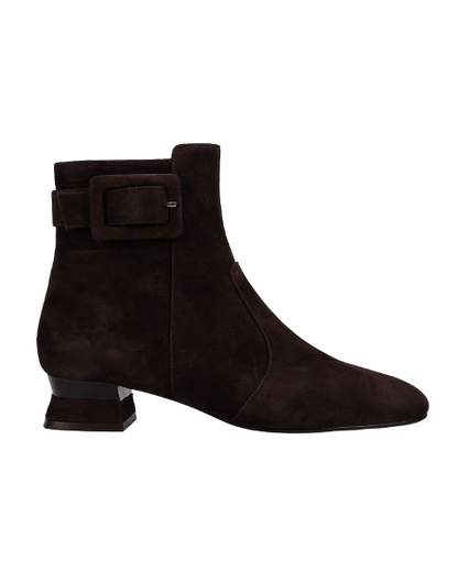 Pierot - Tmoro Suede brown rounded square-toe ankle boot with side zip and buckled tab heel